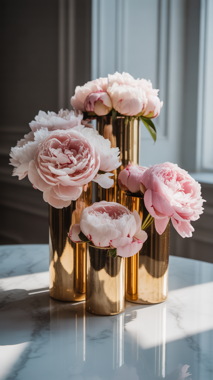 Blush Peonies in Gold Vases
