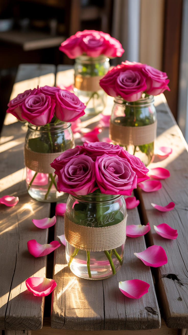 Hot Pink Roses in Vintage Mason Jars