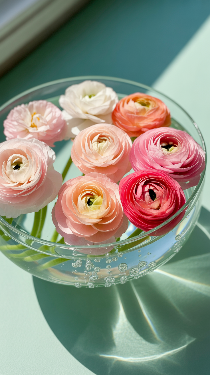 Pink Ranunculus Floating in Bowl
